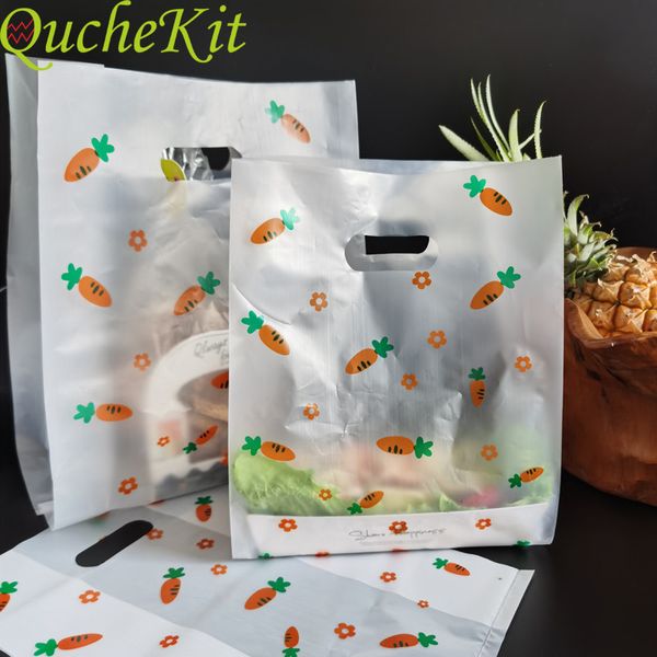 50 Uds. Bolsa de plástico bonita de zanahoria, bolsa de compras de flores con asa, recuerdo de fiesta, bolsas de regalo de plástico para hornear dulces, bolsas para envolver pasteles