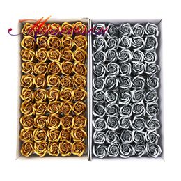 50pcs Diamètre 4.5cm Or / Argent Savon Rose Têtes Roses Artificielles pour Mariage Saint Valentin Cadeau Bouquet Décor À La Maison Fleurs 210317