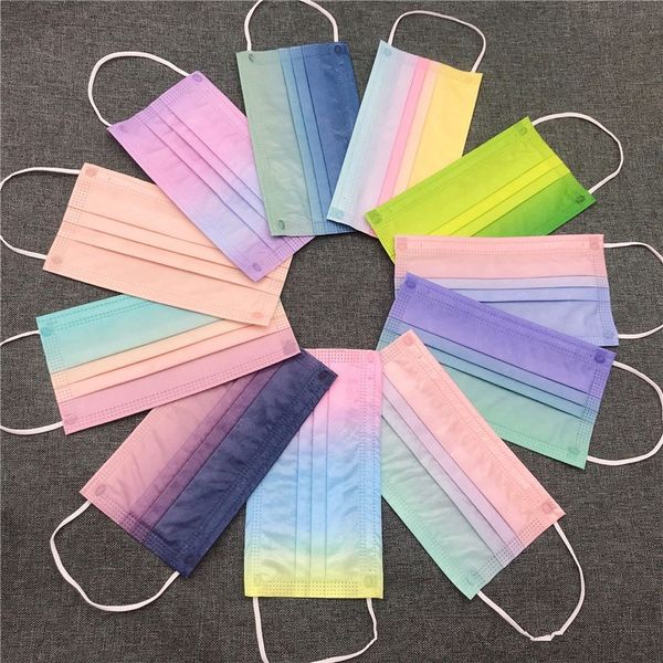 50pcs Masques de protection jetables Emballés individuellement Gradient Color Designs Masques 3 plis Respirant Masque en tissu non tissé