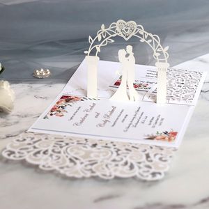 50pcs Laser Cut Wedding Invitations Card 3D Tri-Fold Lace Heart Elegant Greeting Cards Wedding Party Favor Decoration