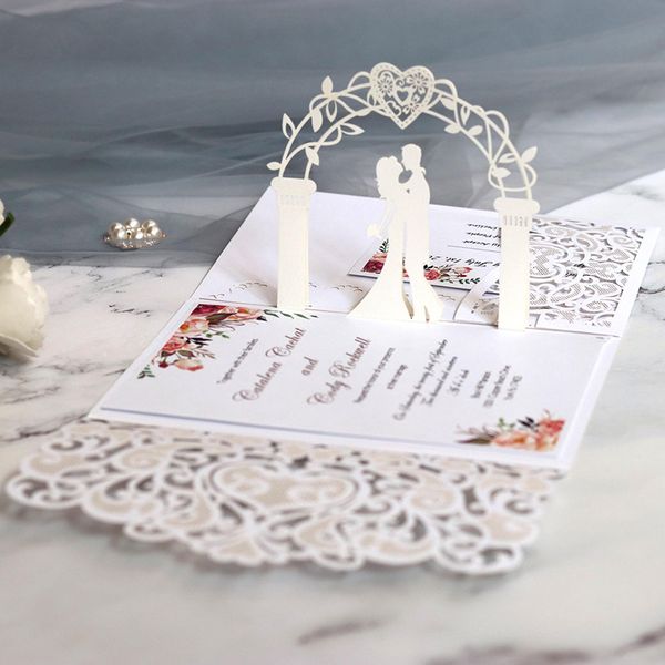 Carte d'invitation de mariage découpée au Laser 3D, cartes de vœux élégantes en dentelle à trois volets, décoration pour cadeaux de fête de mariage, 50 pièces