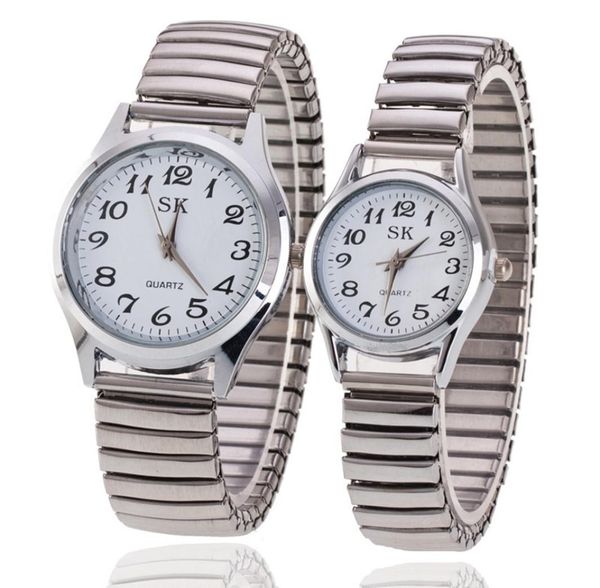 50pcs Fashion Ederly Alloy Elastic Band Watchs Big Numbers Face Simple Women Mens Lovers Couple Robe Casual Quartz Wristwatch CL5595181