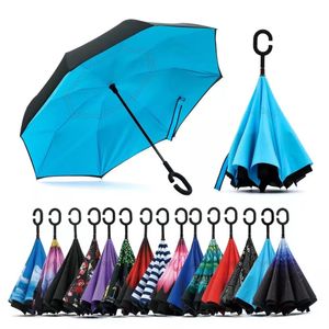 50 stks vouwen omgekeerde paraplu 52 stijlen dubbele laag omgekeerde lange winddichte regenauto c-hook handgreep parasols