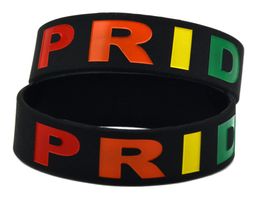 50pcs Gay Pride One Inch Wide Silicone Bracelet Black Adult Grootte Debossed and Filled In Rainbow Colors Logo6912149