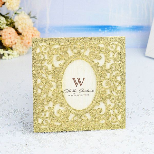 50pcs Glitter Gold Silver Laser Cut Invitations de mariage Card carrée carte de vœux élégante Personnalisez les fournitures de fête de mariage