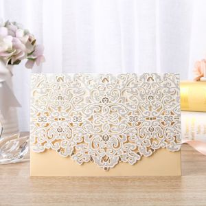 50 stks Goud Wit Laser Cut Luxe Flora Bruiloft Uitnodigingen Kaart Elegante Mariage Personaliseer Enveloppen Bruiloft Decoratie T200115