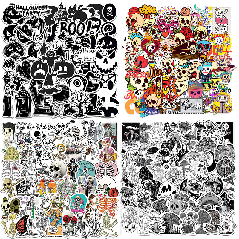 50 stcs Halloween Horror Theme Stickers Gothic Punk Graffiti Sticker 4 Modellen Skull Bone Mushroom Demon Decals Waterdichte laptoppleisters Stickers Decoratie