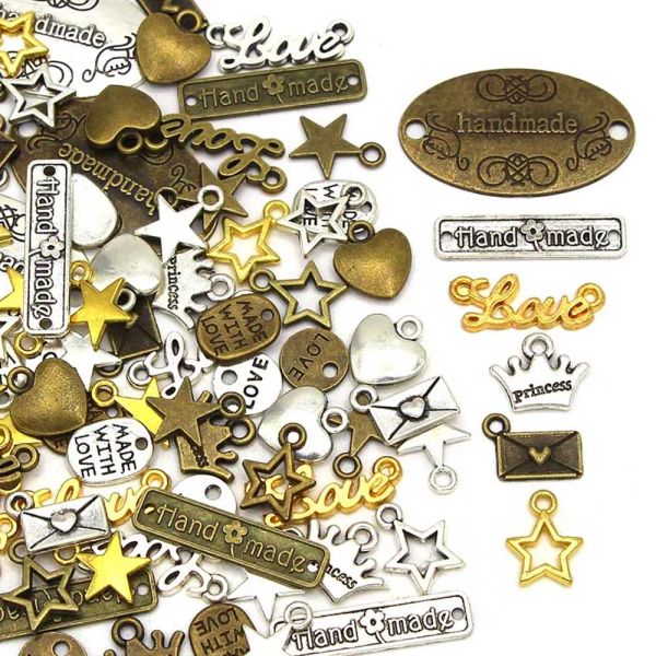 Etiquetas hechas a mano de 50 piezas Etiquetas de metal vintage hecha a mano Crown Crown Love Label de aleación Silver Bronze Charm Posting Handmaded With Love