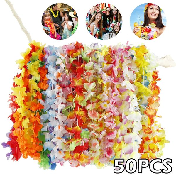 50 pièces couronne de fleurs hawaïennes guirlande collier déguisement décor Hawaii plage fête fleurs artificielles bricolage Luau fête fournitures 240105