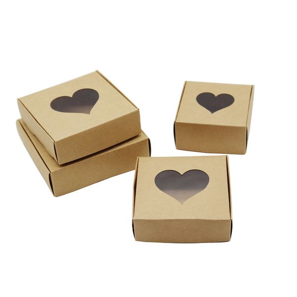 50pcs Boîte d'emballage de fenêtre en papier kraft en forme de coeur