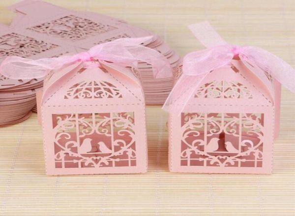 50 Uds. Cajas de dulces de recuerdo de boda estilo pájaro hueco Cajas de Regalo con cintas rosa púrpura rojo blanco 1092502