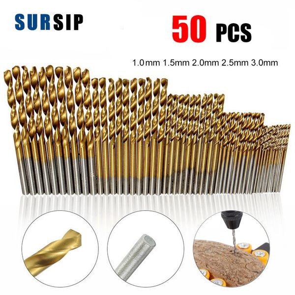 50pcs HSS Twist Drill Bit Set M35 Titanium Ebated Twist Forets Wood / Metal Hole Cutter Round Shank Gun Twist Drilling 1,0-3 mm