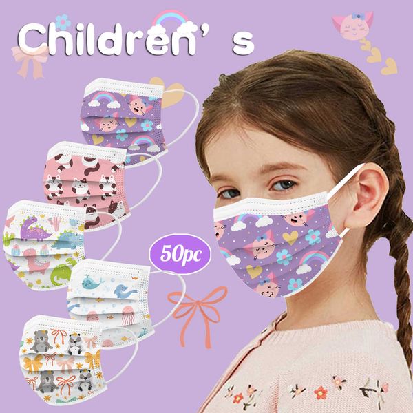 50 Uds. Mascarillas protectoras Kawaii para niños desechables de 3 capas con estampado de dibujos animados Protec Pm2.5 ajuste boca niñas sin decoración