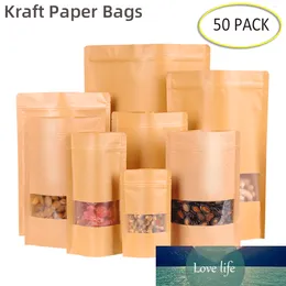 50pcs sacs en papier Kraft fermeture à glissière marron avec fenêtre debout pochettes refermables thé café grain bonbons emballage alimentaire