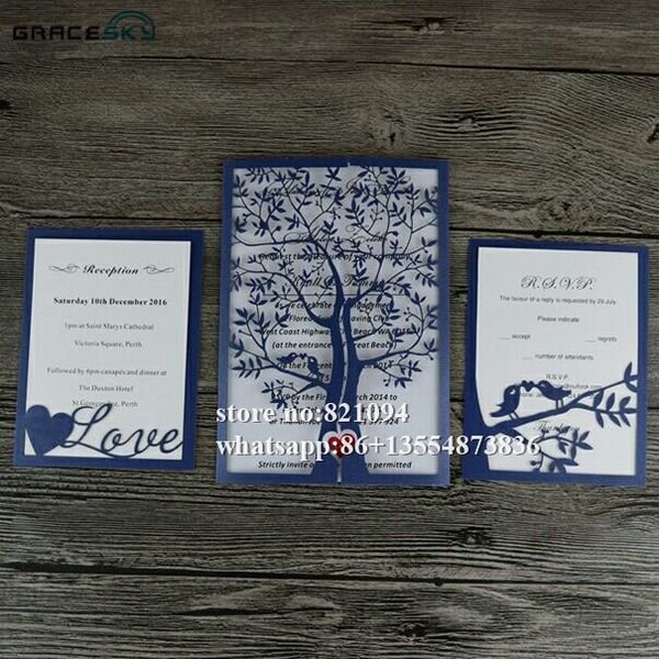 50 Uds., envío gratis, corte láser, diseño de árbol feliz, estilo plegado, RSVP, guardar la fecha, tarjetas de invitación de boda con tarjetas en blanco internas