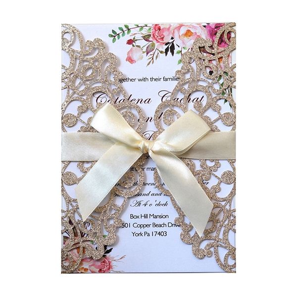 50pcs carte d'invitation de mariage découpée au laser cartes de voeux en papier scintillant avec ruban personnalisé décoration de mariage fournitures de fête 220608