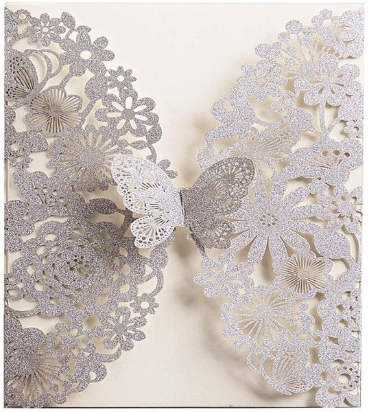 50PCS Cartes d'invitation de mariage découpées au laser avec papillon et enveloppes Glitter Lace Flora Invitations imprimées personnalisées pour Quince1114552