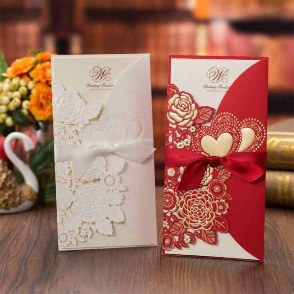 50 pcs Laser Cut Invitations De Mariage Carte Rose Amour Coeur Cartes De Voeux Personnaliser lopes avec Ruban Fournitures De Fête De Mariage 211216