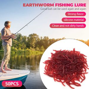 50 stks levensechte rode worm zachte loking 35mm regenworm vissen siliconen kunstmatige aas visachtige geur garnalen additief baskarper