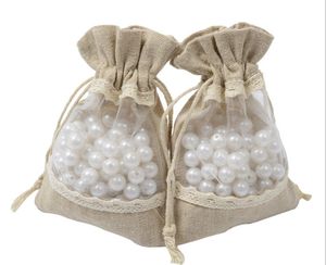 50 pcs/lot 10*14 cm demi fenêtre transparente dentelle cordon pochette bijoux perles sac de rangement Jute toile de Jute cadeau sacs pour mariage