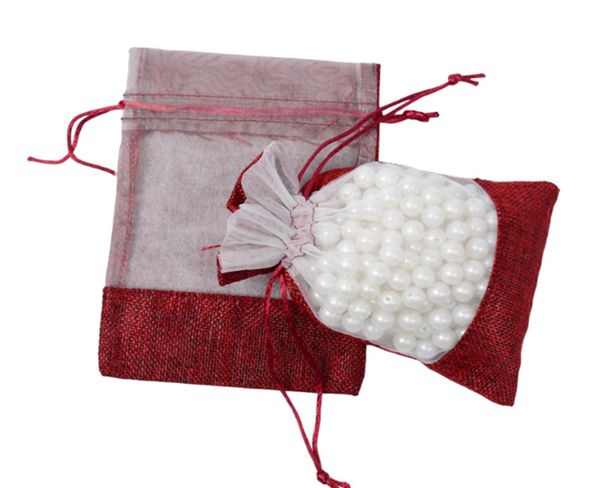 Pochette transparente en PVC avec cordon de serrage pour fenêtre, sac rouge pour bijoux et perles, sacs cadeaux en toile de Jute pour mariage, 11x16cm, 50 pièces/lot