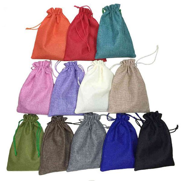 50 pcs/lot 15 * 20 cm 12 couleurs à la main Jute cordon sacs pochette toile de jute fête de mariage noël cadeau sacs bijoux pochettes emballage sacs