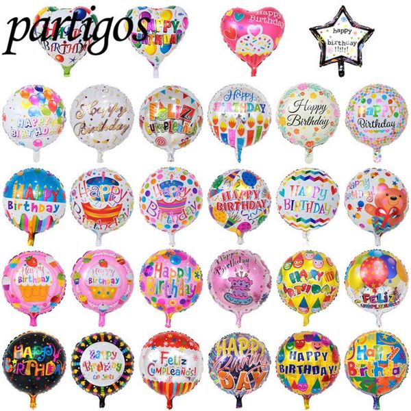 50 unids / lote 18 pulgadas Globo de Feliz Cumpleaños Globos de Papel de Aluminio Globo de Helio Bolas de Mylar Para Niños Decoración de Fiesta Juguetes Globos Q1291w