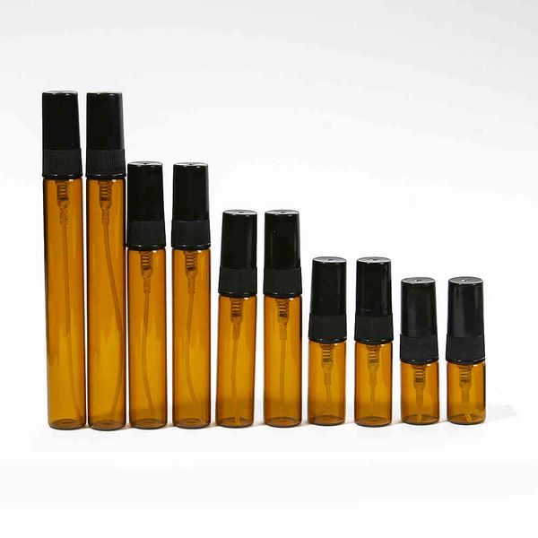 Bouteille de parfum vide rechargeable en verre ambre, 50 pièces/lot, 2ml, 3ml, 5ml, 10ml, avec pompe, Mini flacons, étui