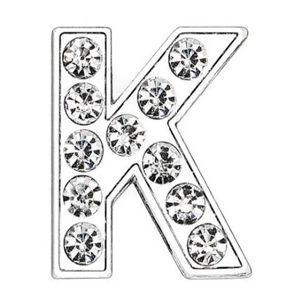 50 UNIDS / lote 8 mm K Diamantes de imitación completos Letra deslizante de plata Encantos de bricolaje aptos para pulsera de cuero de 8 mm tiras de teléfono SL0006291b