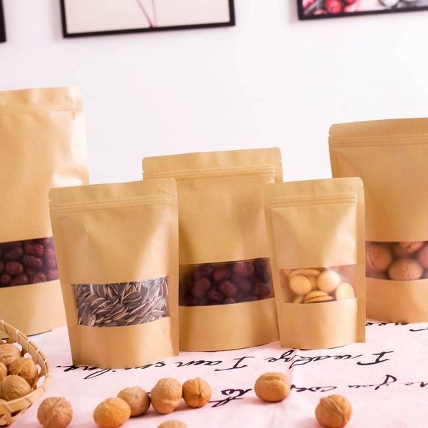 50 unids/lote de bolsas de papel Kraft de pie marrón con ventana mate, bolsas de regalo reutilizables para aperitivos, nueces, té, bolsas de embalaje de alimentos, bolsa con cremallera