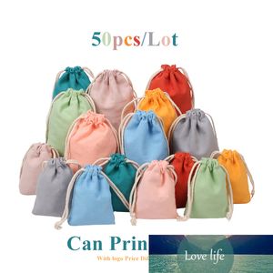 50 unids/lote de bolsas de lona de algodón de colores, bolsita de Color caramelo, bolsa de embalaje de jabón Natural, lata de bolsillo para joyas, logotipo personalizado