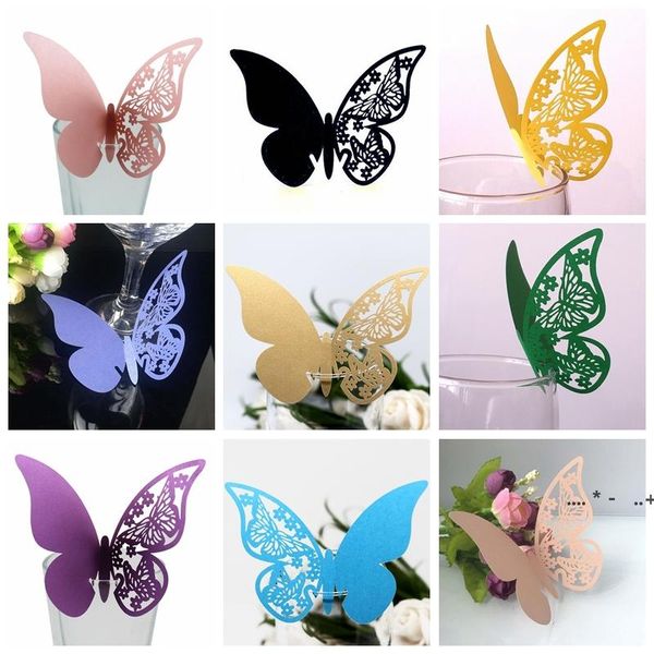 50pcs / lot creux papillon tasse carte décoration verre à vin découpé au laser papier nom lieu sièges cartes faveur fête de mariage bébé douche GCF14375