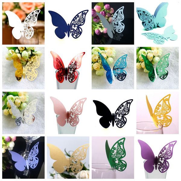 50pcs / Lot creux papillon tasse carte fête décoration verre à vin découpé au laser papier nom lieu sièges-cartes mariage bébé douche cartes T9I001868