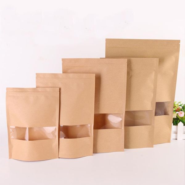 50 unids/lote bolsa de papel Kraft ventana con cierre de cremallera vacío comida seca fruta té paquete de regalo cremallera autosellada bolsas de pie HH9-3727