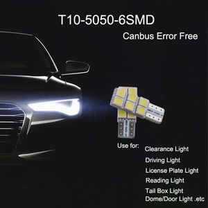 50 stks / partij LED Auto Lampen Wit T10 W5W 5050 6SMD BLIB CANBUS FOUT GRATIS VOOR 194 168 2825 CLEARANCE LAMPEN LEEST LICHTE Kentekenplaatverlichting 12V