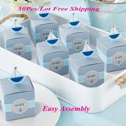 50 stks / partij Mooie Baby Shower Gunstdoos van "Baby aan boord!" Pop-up zeilboot baby gunst dozen voor babydecoratie Candy box gratis verzending