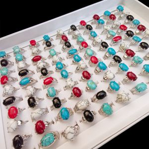 50 pcs/lot nouveaux anneaux ovales en Turquoise naturelle pour femmes hommes bijoux fins pour cadeau de fête d'anniversaire Vintage Antique bague en argent