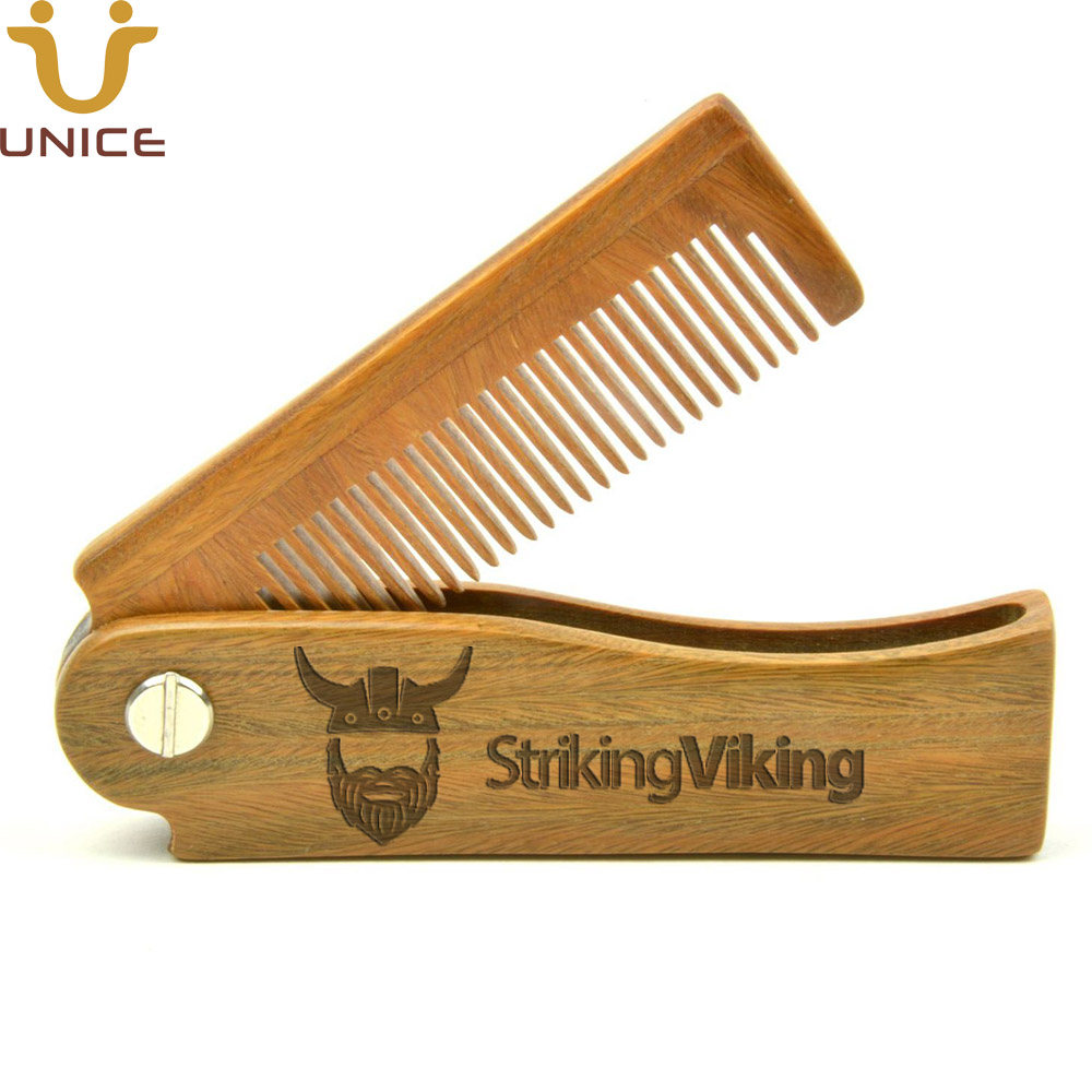 MOQ 50 PCS OEM Custom LOGO Folding Green Sandalwood Wooden Hair Combs for Men's Beard Mustache Head Hairs Styling Anti Static Pocket Comb