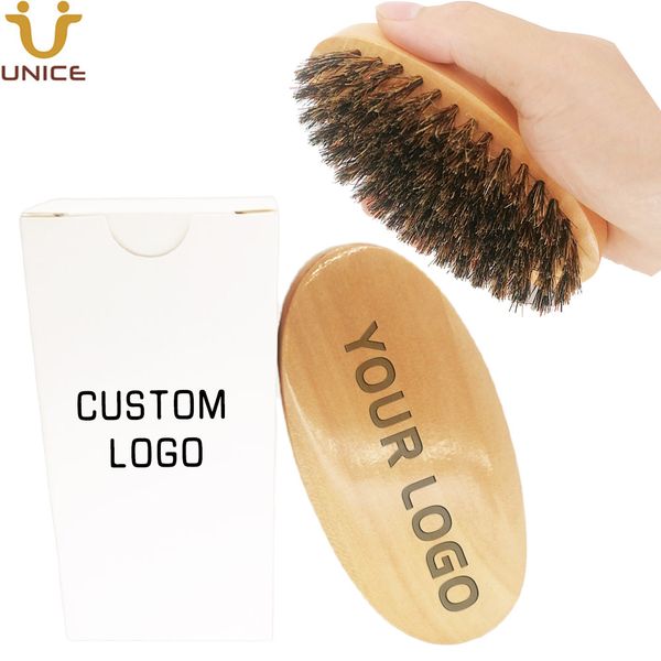 MOQ 50 PCS LOGOTIPO personalizado Cepillos faciales de madera para el cabello Barba en caja de regalo blanca Cerdas de jabalí natural Mango de madera Aseo de los hombres