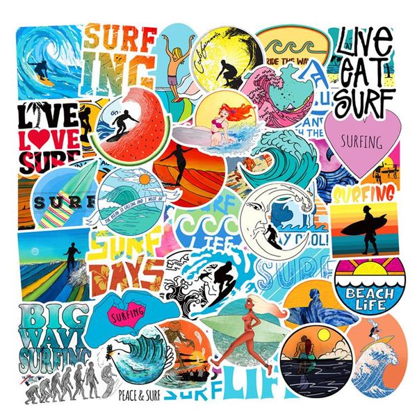 50pcs / Lot Été Surf Plage Autocollants Ordinateur Portable Planche À Roulettes Guitare Bagages Voiture Moto Vélo Graffiti Autocollants Étanche PVC300j