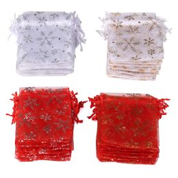 50pcs / lot Différentes sacs de bijoux Red White White Snowflake Organza Christmas Gift Storage Sockstring Sachets Wholesale