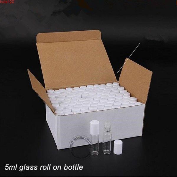 50pcs / lot en gros 5ml bouteille d'huile essentielle en verre vide contenant cosmétique petit couvercle blanc pot rechargeable rouleau sur l'emballage quantité Lf Bhad