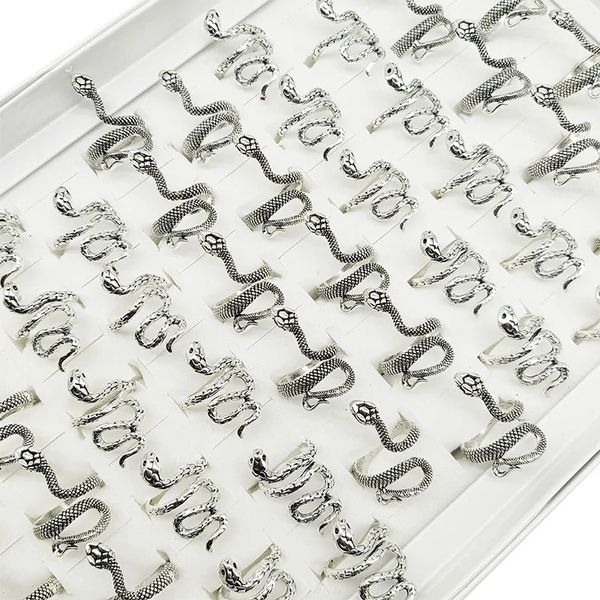 50 pcs/Lot vente en gros Mix Style Vintage couleur argent serpent bagues pour femmes hommes ouvert ajuster grand Animal bijoux fête Bar 240201