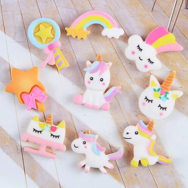 50 Pcs/lots mignon licorne composants artisanat arc-en-ciel dessin animé Flatback planaire résine arc matériaux bricolage Arts artisanat autocollant accessoires mélangés