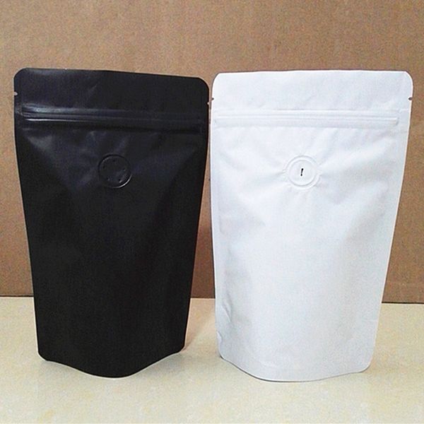 50 unids Matt Negro Blanco Stand up Válvula de papel de aluminio Bolsa Ziplock Bolsa de almacenamiento de granos de café Válvula unidireccional Bolsas a prueba de humedad 201318f