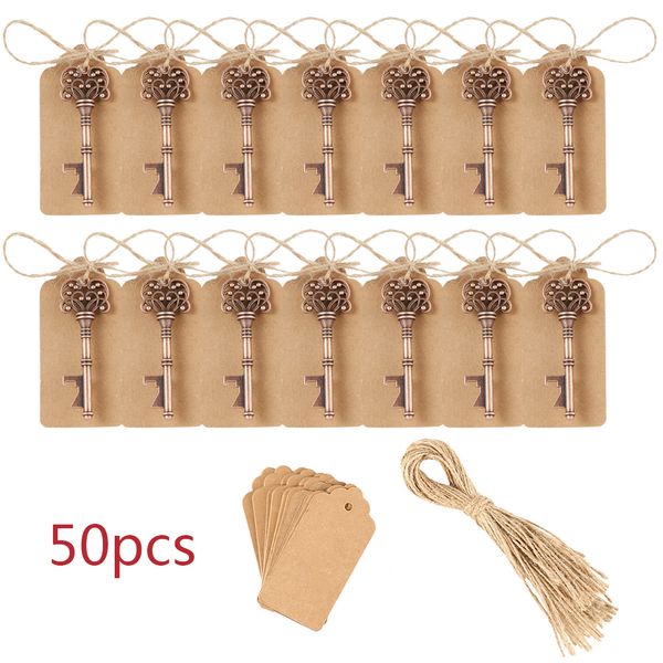 50pcs clé en métal ouvre-bouteille de bière anneau de vin porte-clés faveurs de fête de mariage accessoires de cuisine vintage cadeaux antiques pour les invités 210319