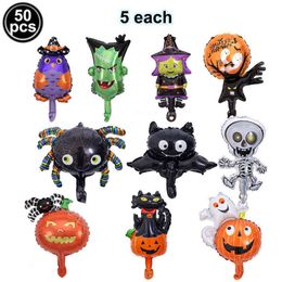 50pcs Mini Halloween Foil Balloons Witch Ghost Owl Wizard Pumpkin Spider Monster Ghost Tree Mini Balloon Halloween Party Decors L220621