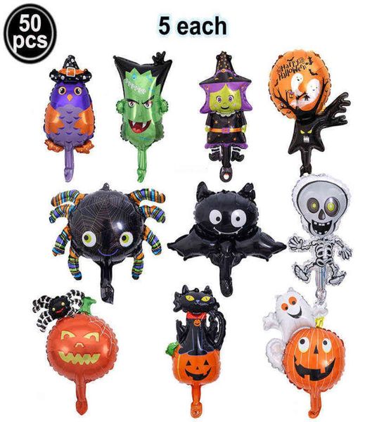 50pcs Mini Halloween Foil Balloons Witch Ghost Owl Wizard Pumpkin Spider Monster Ghost Tree Mini Balloon Halloween Party Decors L27808301
