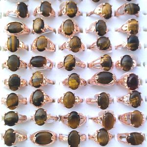 50pcs bagues en pierre d'oeil de tigre naturel taille mixte pour les femmes avec base de couleur or rose
