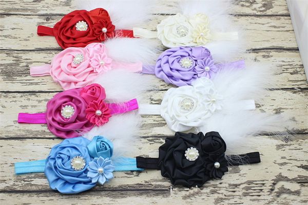 Rose de la flor 50PCS nuevo bebé y venda de la pluma de la venda del pelo Accesorios del pelo bautismo del bebé recién nacido princesa apoyo de la foto YM6123